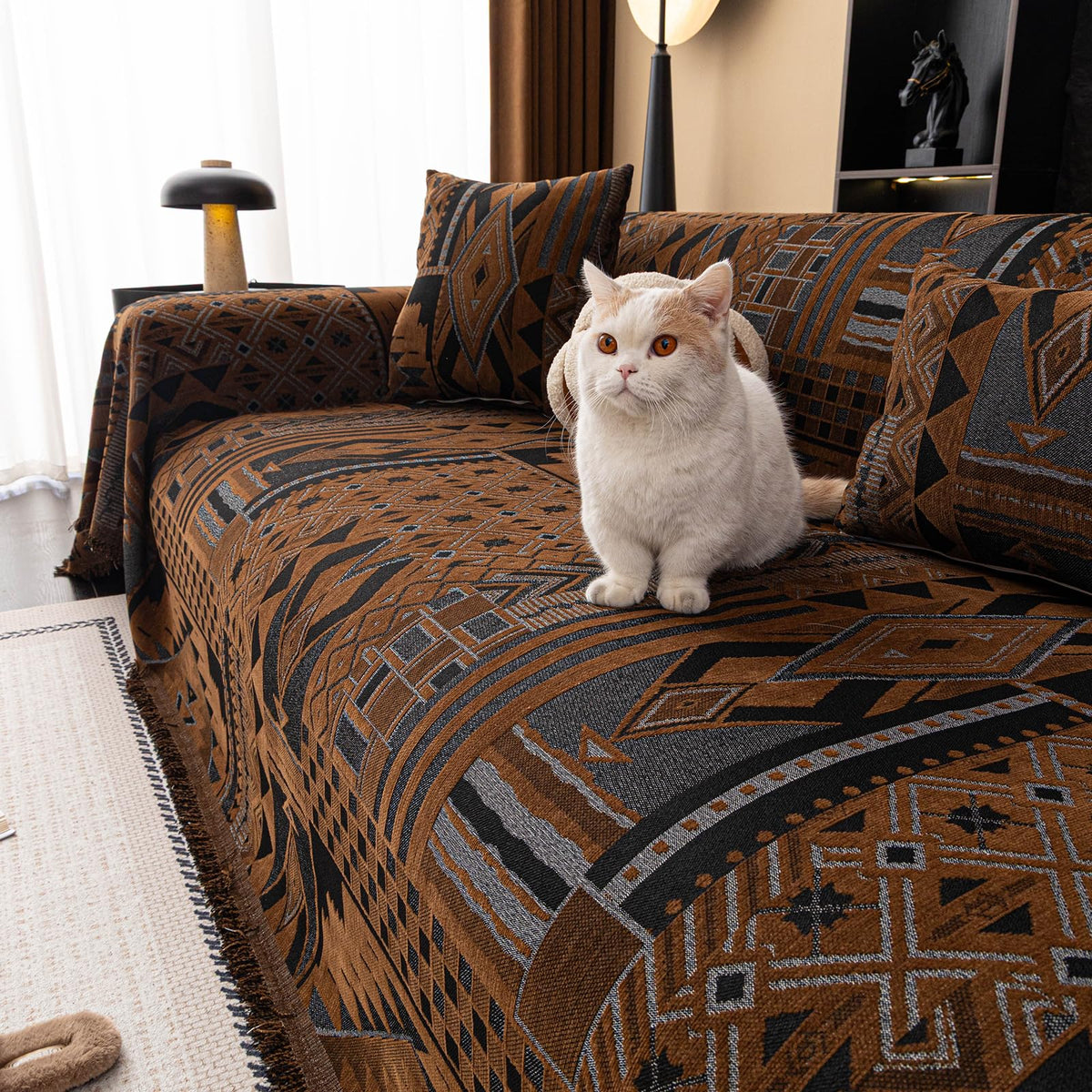 ROOMLIFE Thicked Striped Couch Cover with Tassel Blue Chenille Sofa Cover Blanket for Sectional Sofa, Soft Sofa Slipcovers for L Shaped Love Seat 2-3 Cushion Couch Anti Slip Sofa Protector, 71"x118"