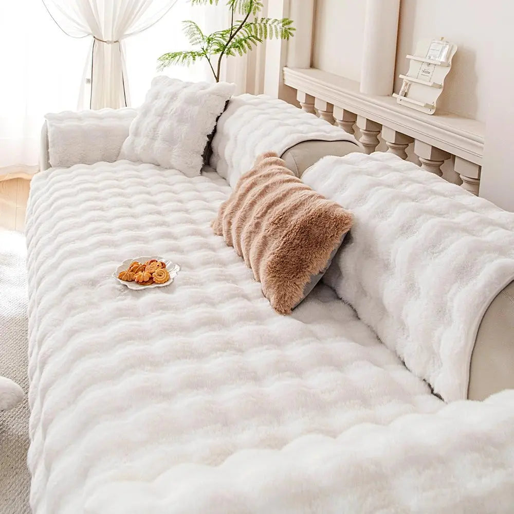 1pc Autumn Winter Faux Rabbit Fur Long Hair Sofa Cushion, Modern Luxury Thick Plush Sofa Cover for 4 Seat Couch, Pet Friendly Home Decor