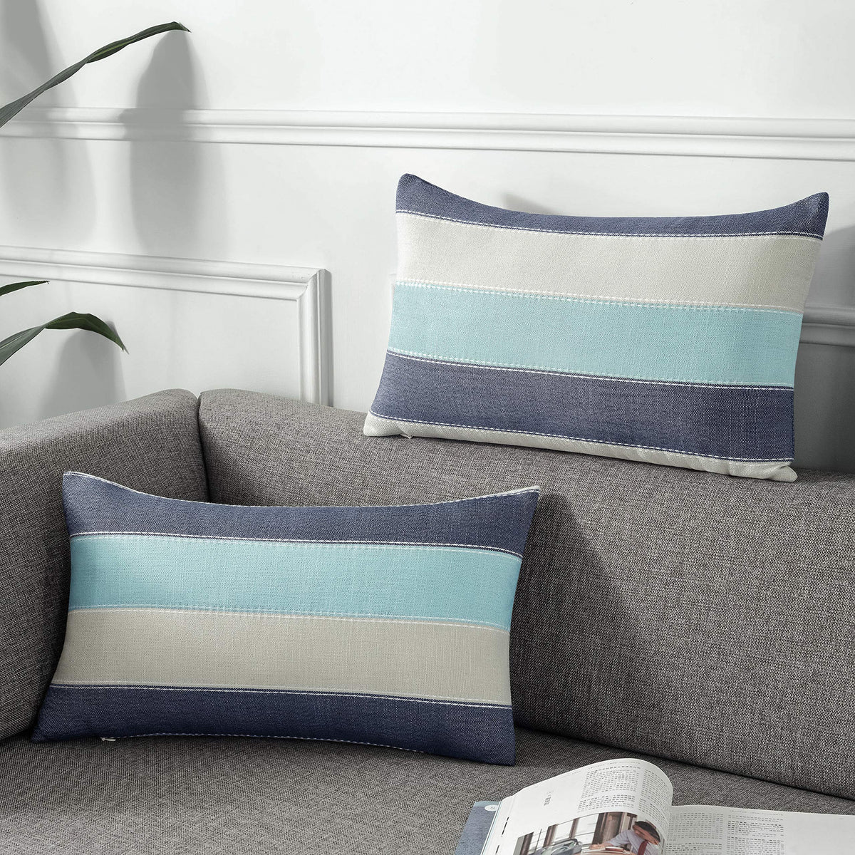 AmHoo Pack of 2 Farmhouse Stripe Check Throw Pillow Covers Set Case Cotton Linen Decorative Pillowcases Cushion Cover for Couch Bench Sofa 18x18Inch Dark Grey Beige