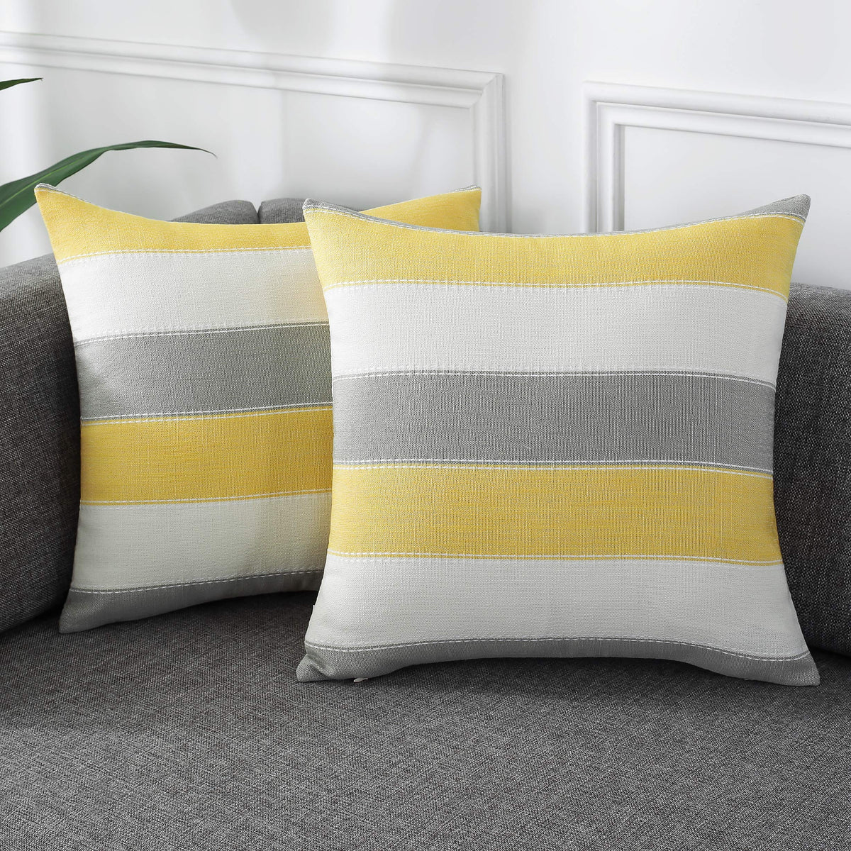 AmHoo Pack of 2 Farmhouse Stripe Check Throw Pillow Covers Set Case Cotton Linen Decorative Pillowcases Cushion Cover for Couch Bench Sofa 18x18Inch Dark Grey Beige