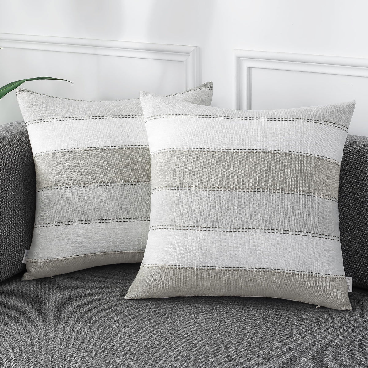 AmHoo Pack of 2 Farmhouse Stripe Check Throw Pillow Covers Set Case Cotton Linen Decorative Pillowcases Cushion Cover for Couch Bench Sofa 18x18Inch Dark Grey Beige