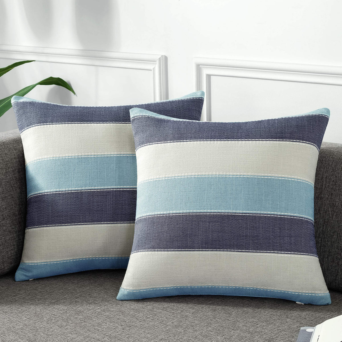 AmHoo Pack of 2 Farmhouse Stripe Check Throw Pillow Covers Set Case Cotton Linen Decorative Pillowcases Cushion Cover for Couch Bench Sofa 18x18Inch Dark Grey Beige