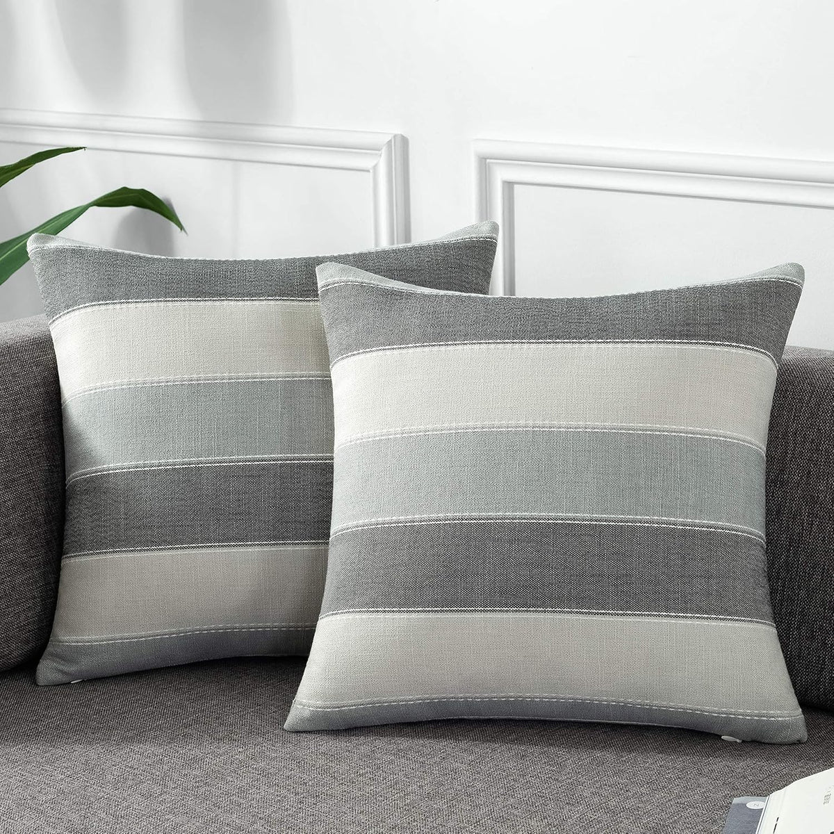 AmHoo Pack of 2 Farmhouse Stripe Check Throw Pillow Covers Set Case Cotton Linen Decorative Pillowcases Cushion Cover for Couch Bench Sofa 18x18Inch Dark Grey Beige