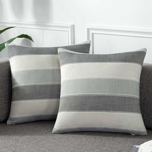 AmHoo Pack of 2 Farmhouse Stripe Check Throw Pillow Covers Set Case Cotton Linen Decorative Pillowcases Cushion Cover for Couch Bench Sofa 18x18Inch Dark Grey Beige