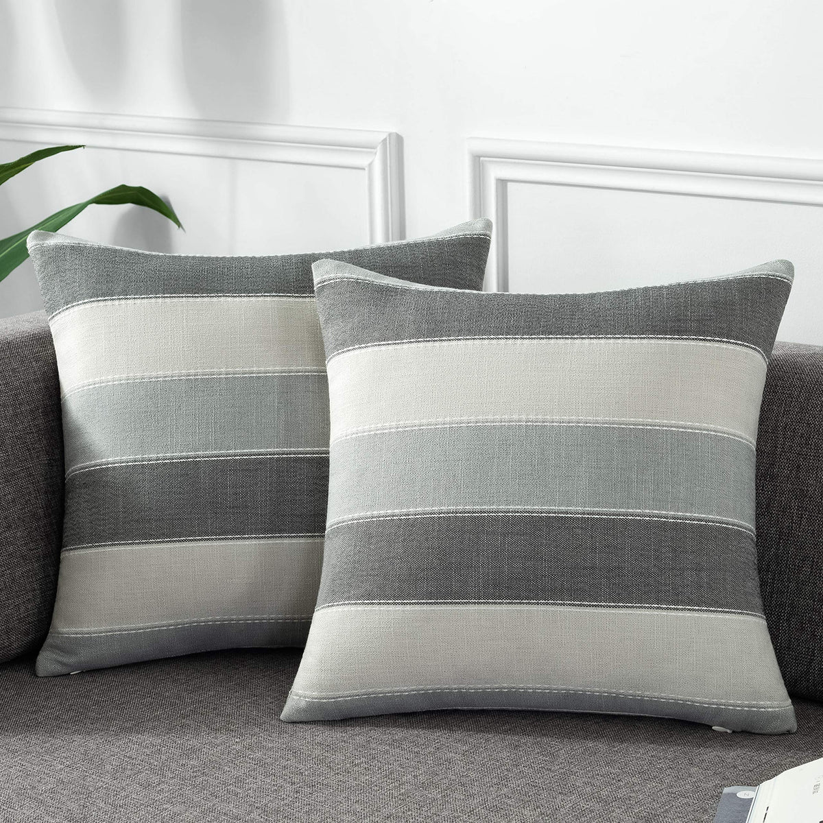 AmHoo Pack of 2 Farmhouse Stripe Check Throw Pillow Covers Set Case Cotton Linen Decorative Pillowcases Cushion Cover for Couch Bench Sofa 18x18Inch Dark Grey Beige