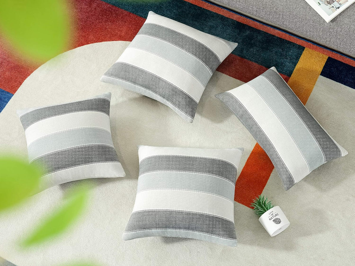 AmHoo Pack of 2 Farmhouse Stripe Check Throw Pillow Covers Set Case Cotton Linen Decorative Pillowcases Cushion Cover for Couch Bench Sofa 18x18Inch Dark Grey Beige