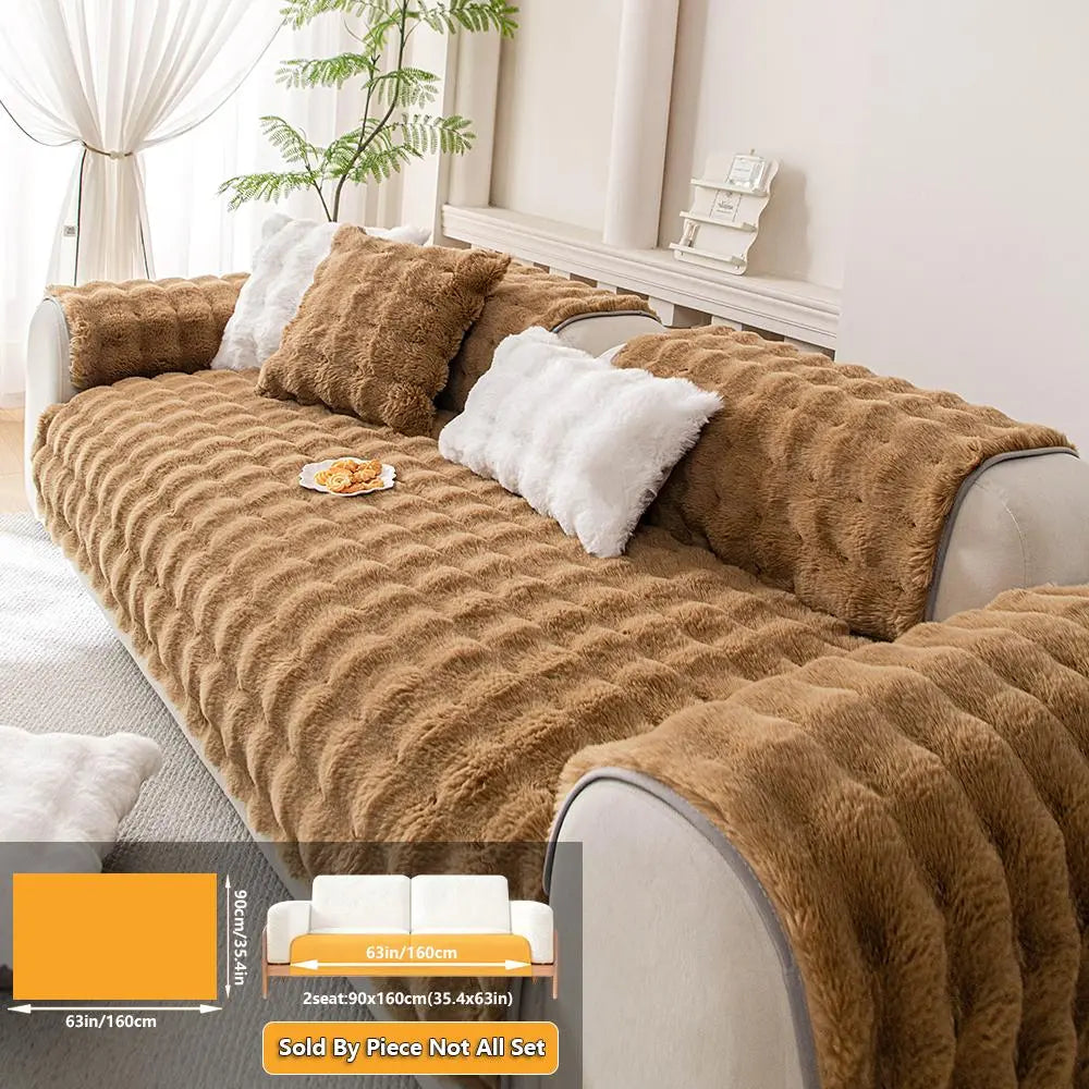 1pc Autumn Winter Faux Rabbit Fur Long Hair Sofa Cushion, Modern Luxury Thick Plush Sofa Cover for 4 Seat Couch, Pet Friendly Home Decor
