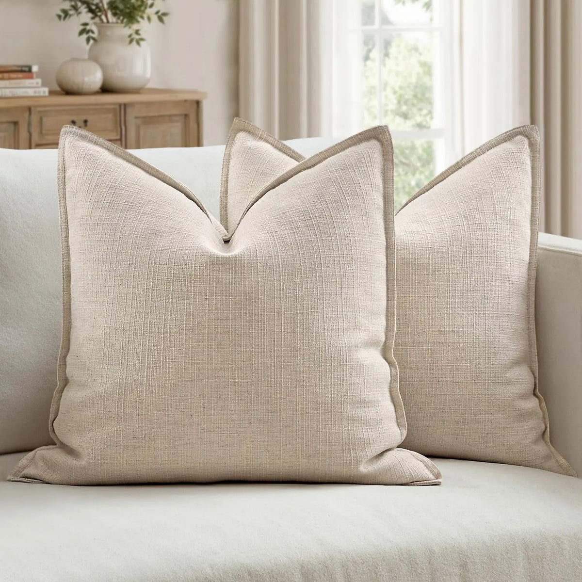 2-Pack 26x26 Natural Linen Euro Sham Pillow Covers - Thick Textured Cushion Slipcovers with Hidden Smooth Zipper, Machine Washable, Luxurious Hotel-Style Look for Modern Farmhouse Bed Decor, Neutral Household Textile Accessories