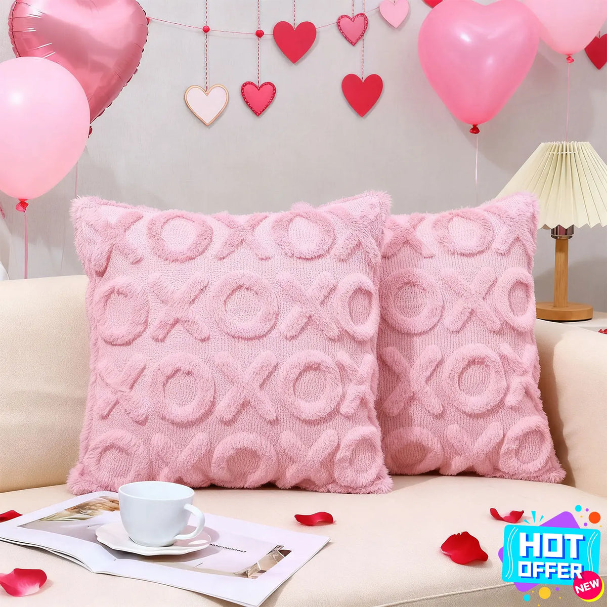 18x18 in Square Pillow Covers (Pack of 2) - Pink Embroidered Xoxo Heart Motif, Fluffy Plush, Anniversary Gift, Adds Soft Charm to Sofa and Bedroom, Bedroom-Ready Romantic Touch, Festive Home Decor Cases
