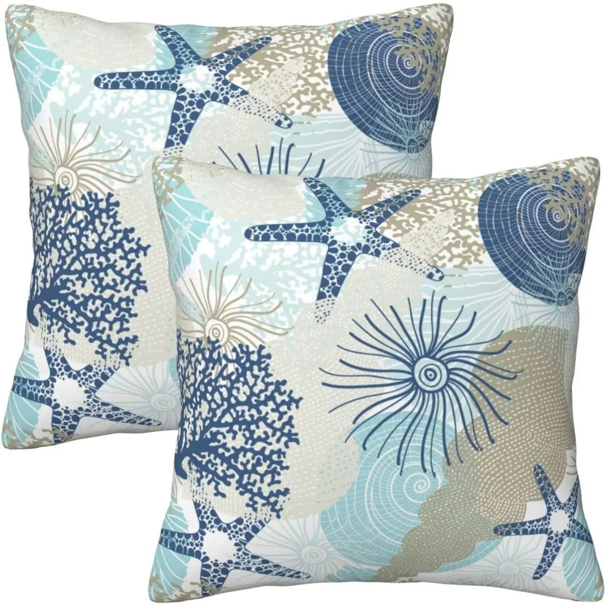 Polyester Blend Ocean Beach Seashell Starfish Themed Throw Pillow Covers (18in x 18in) - Set of 2, Elegant, Lightweight, Durable, Double-Sided Full Print, Hidden Zipper, Machine Washable, Easy Insert, Soft Cushion Covers for Sofa, Room Decor, Machine Wash