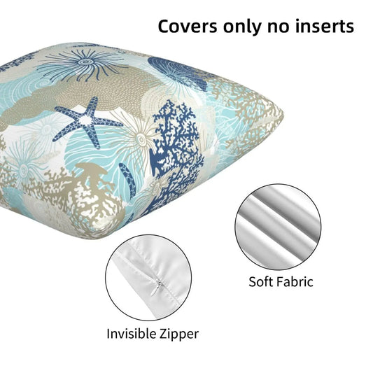 Polyester Blend Ocean Beach Seashell Starfish Themed Throw Pillow Covers (18in x 18in) - Set of 2, Elegant, Lightweight, Durable, Double-Sided Full Print, Hidden Zipper, Machine Washable, Easy Insert, Soft Cushion Covers for Sofa, Room Decor, Machine Wash
