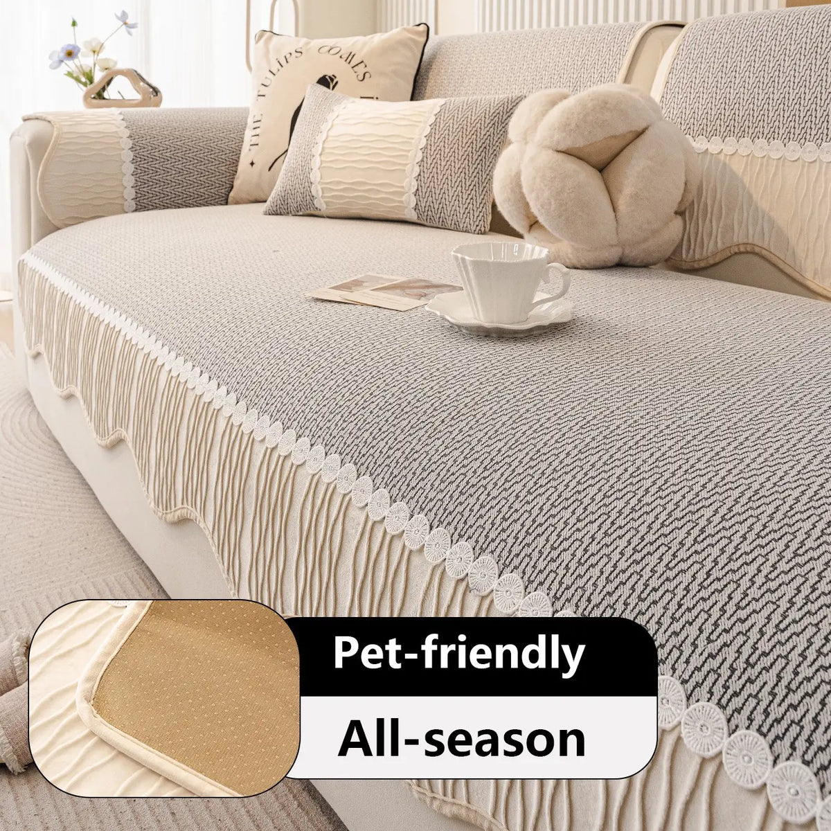 French Cream Snow Nourish Sofa Cushion, Non-Slip Cat Scratch Resistant, All-Season Use, Reusable Sofa Cover Seat Pad