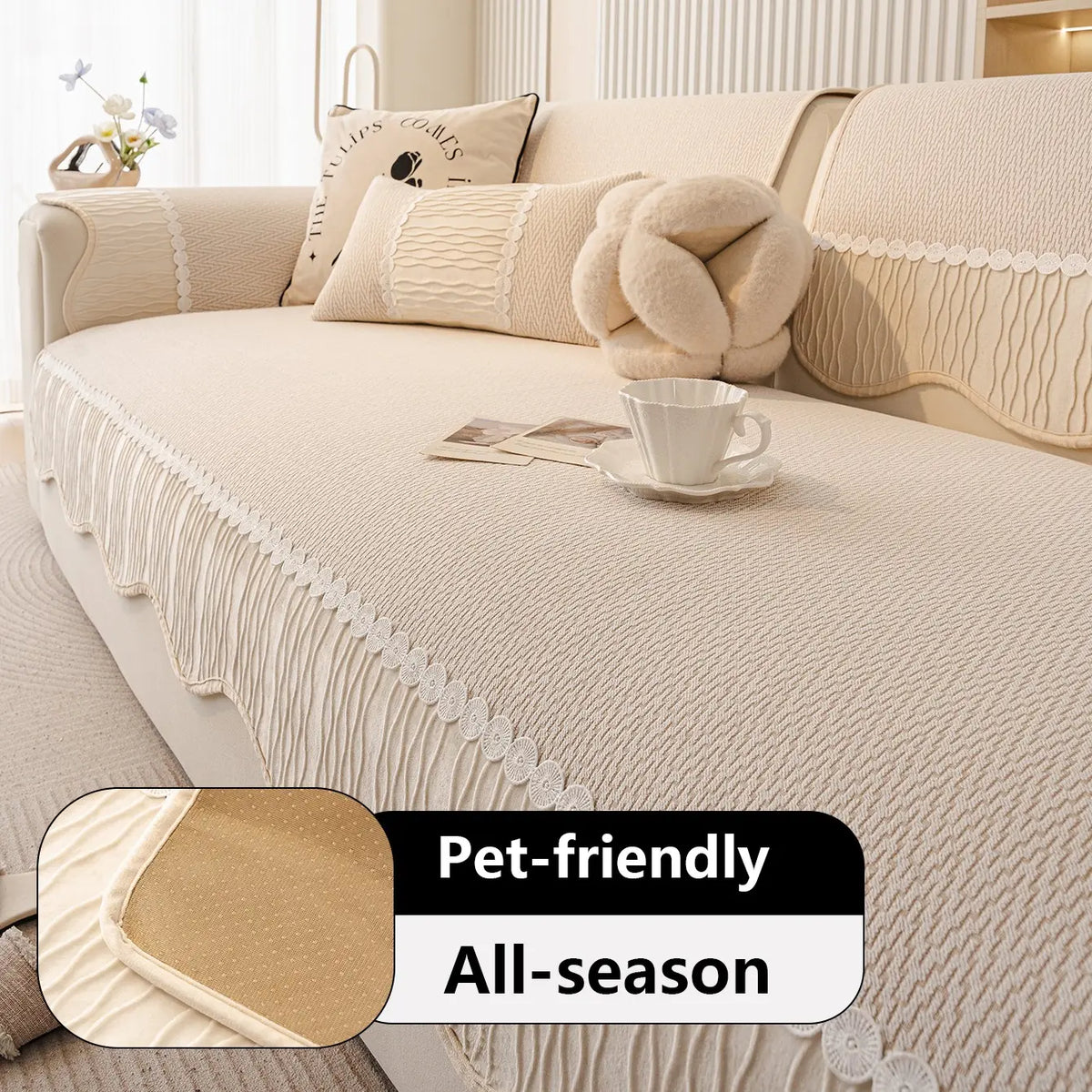French Cream Snow Nourish Sofa Cushion, Non-Slip Cat Scratch Resistant, All-Season Use, Reusable Sofa Cover Seat Pad